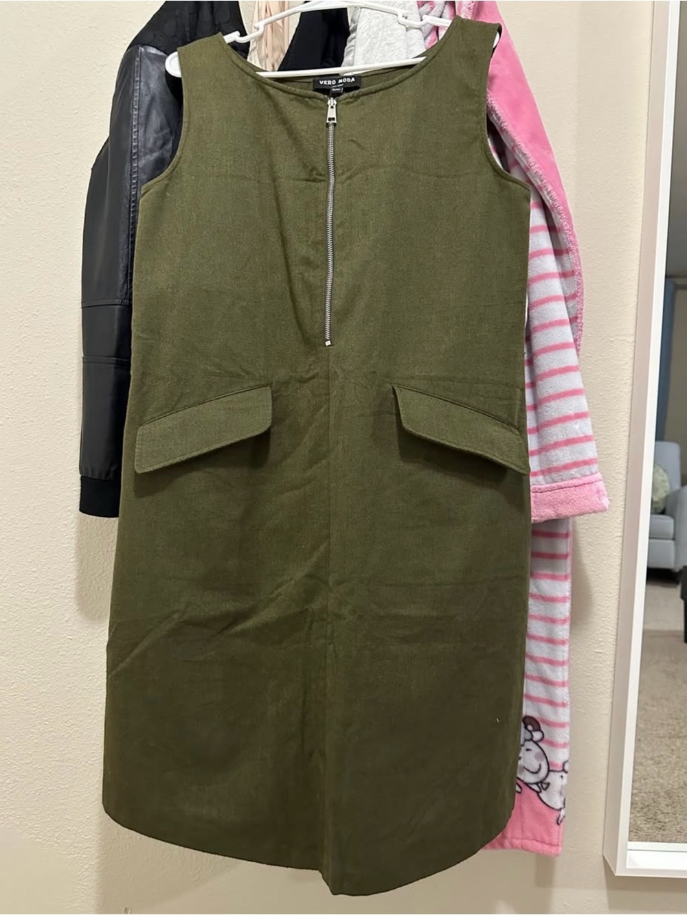Vero Moda Olive Green Shift Dress with Silver Front Zip